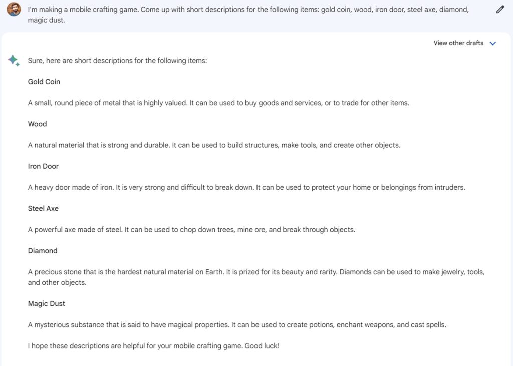 Bard example for game dev 2